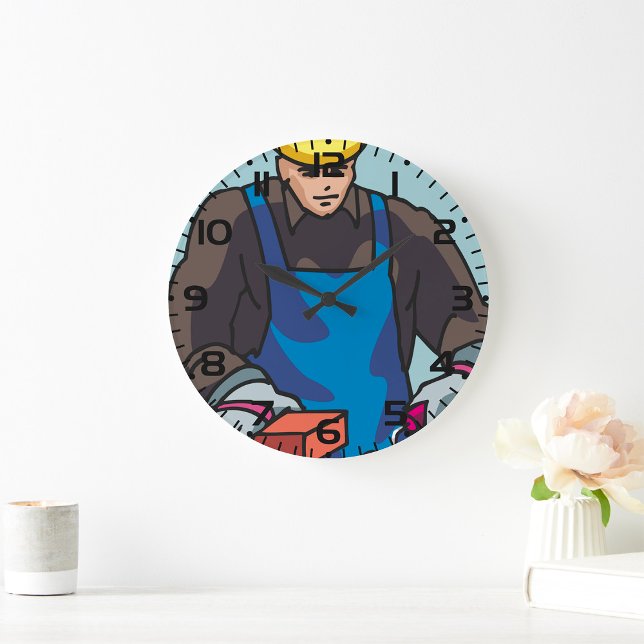 Construction Worker Bricklayer Hard Hat Builder  Large Clock (Creator Uploaded)