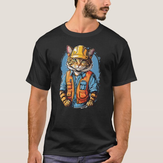 Construction Worker Foreman Boss Cat Graphic T-Shirt (Front)