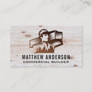 Construction Worker Holding Beam City Wood Business Card