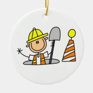 Construction Worker in Manhole T-shirts and Gifts Ceramic Tree Decoration
