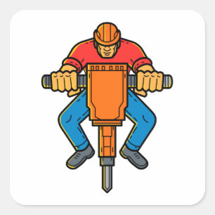 Construction Worker Jackhammer Mono Line Art Square Sticker