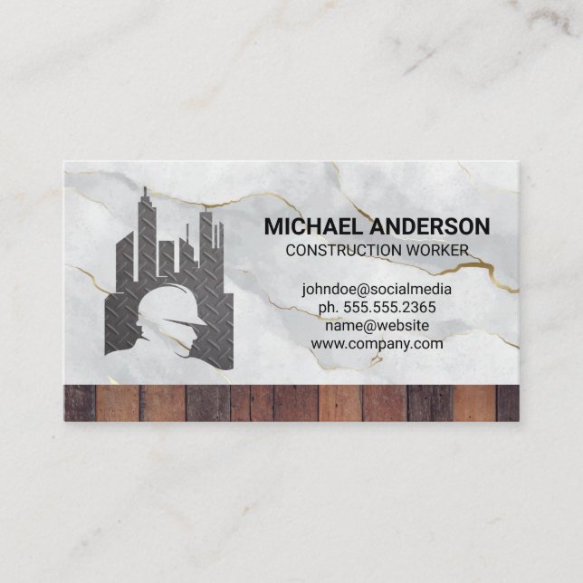 Construction Worker Logo | Wood Marble Business Card (Front)