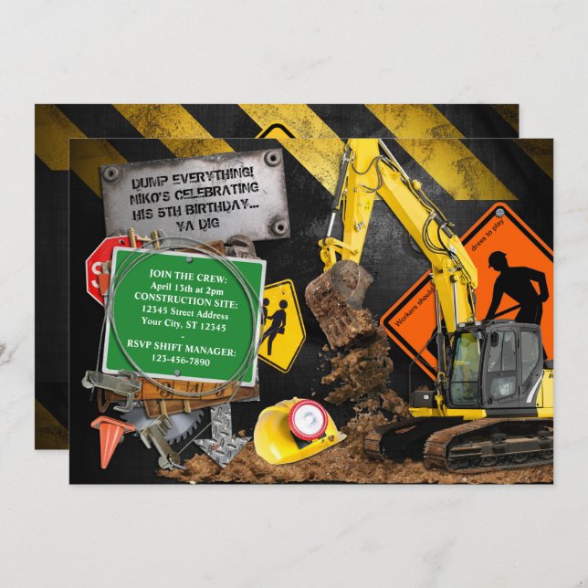 Construction Worker Party Invitation (Front/Back)