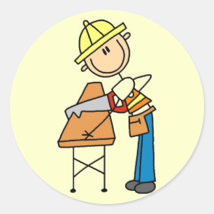 Construction Worker Sawing Board Classic Round Sticker