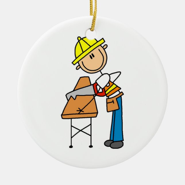 Construction Worker Sawing Lumber Gifts Ceramic Tree Decoration (Front)