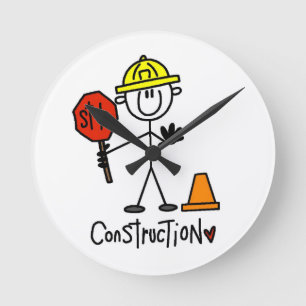 Construction Worker Stick Figure Round Clock
