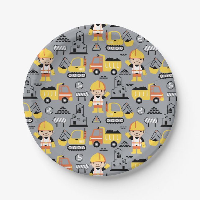 Construction Worker Tipper Truck Digger Pattern Paper Plate (Front)