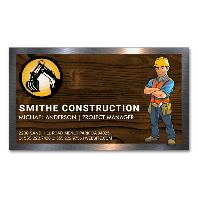 Construction Worker | Wood and Metal Background  Magnetic Business Card (Front)