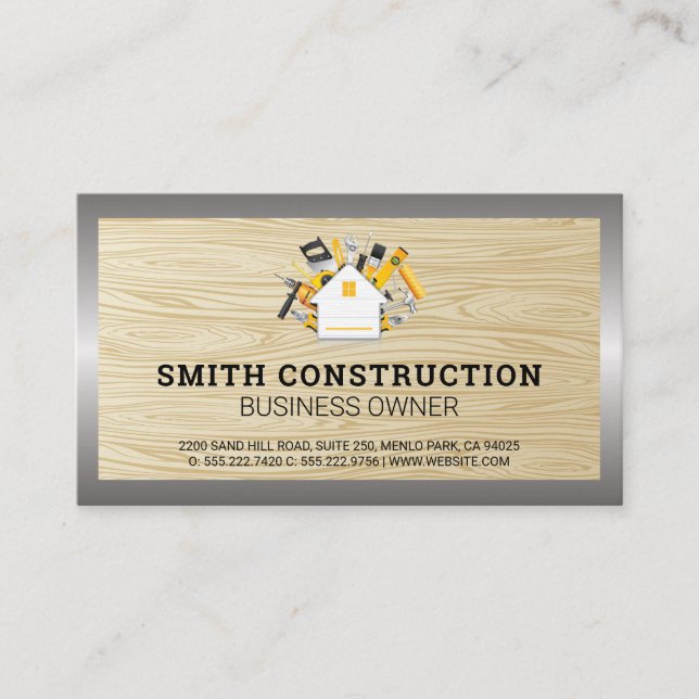 Construction Worker | Wood Grain Background Business Card (Front)