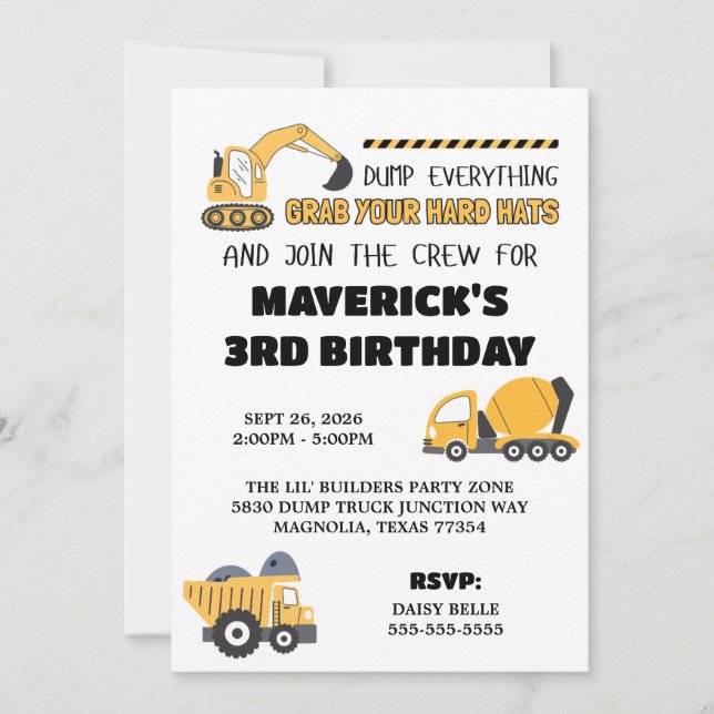 Construction Yellow Boys Dump Truck Birthday Invitation (Front)