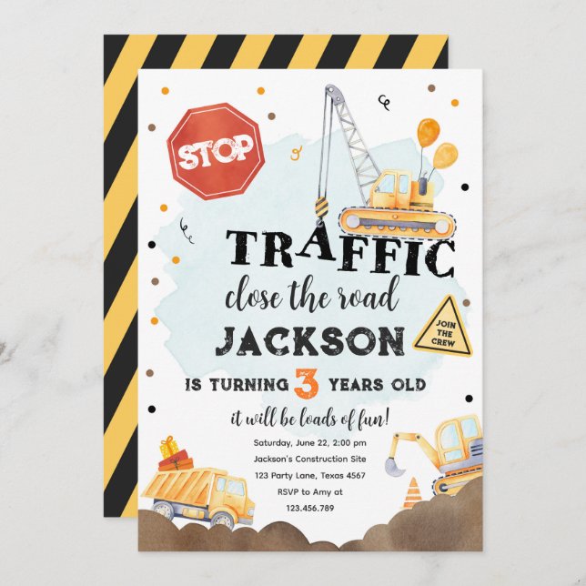 Construction Yellow Dump Truck Boy Birthday Invita Invitation (Front/Back)