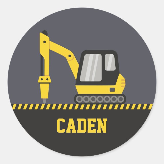 Construction Yellow Excavator Breaker Kids Name Classic Round Sticker (Front)