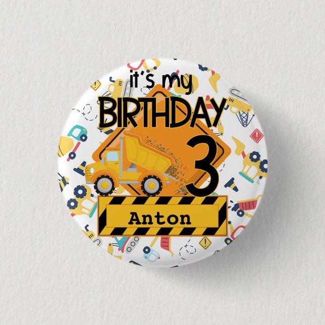 Construction yellow trucks car 3rd birthday  3 cm round badge (Front)