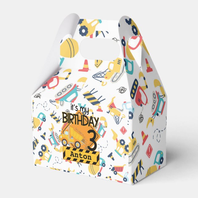 Construction yellow trucks car 3rd birthday  favour box (Front Side)
