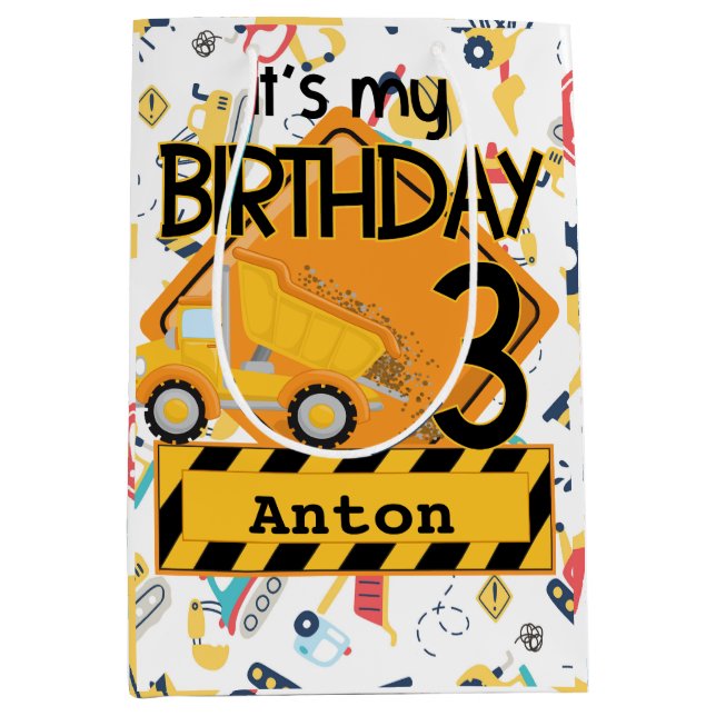 Construction yellow trucks car 3rd birthday  medium gift bag (Front)