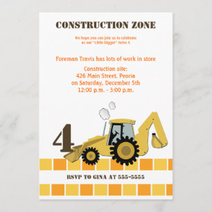 Construction Zone Backhoe Boys Birthday Invite