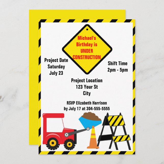 Construction Zone Birthday Invitation (Front/Back)