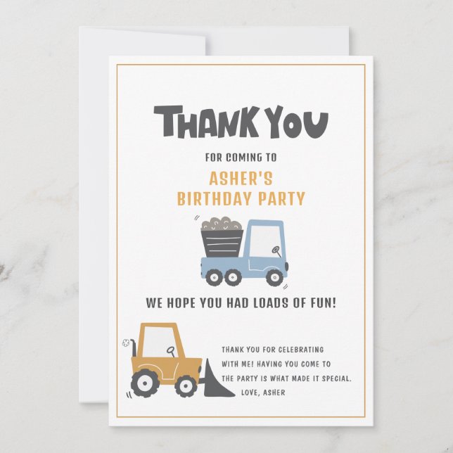 Constrution Theme Birthday Party Thank You Card (Front)