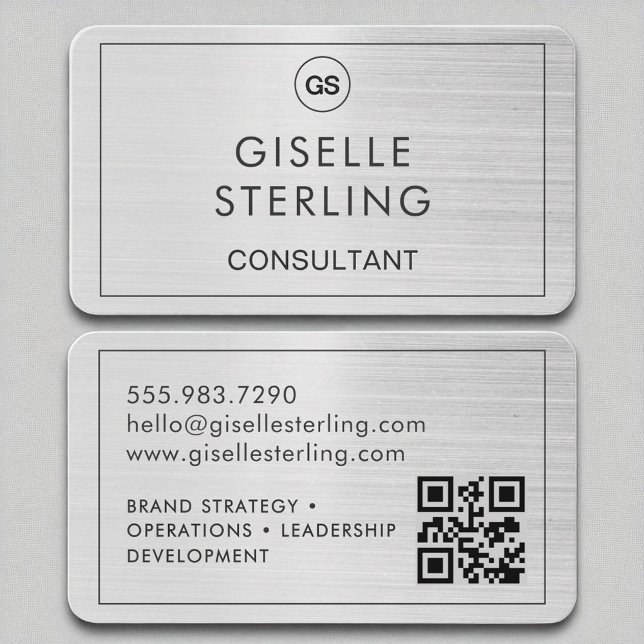 Consultant Brushed Silver Monogram QR Code Business Card (Creator Uploaded)