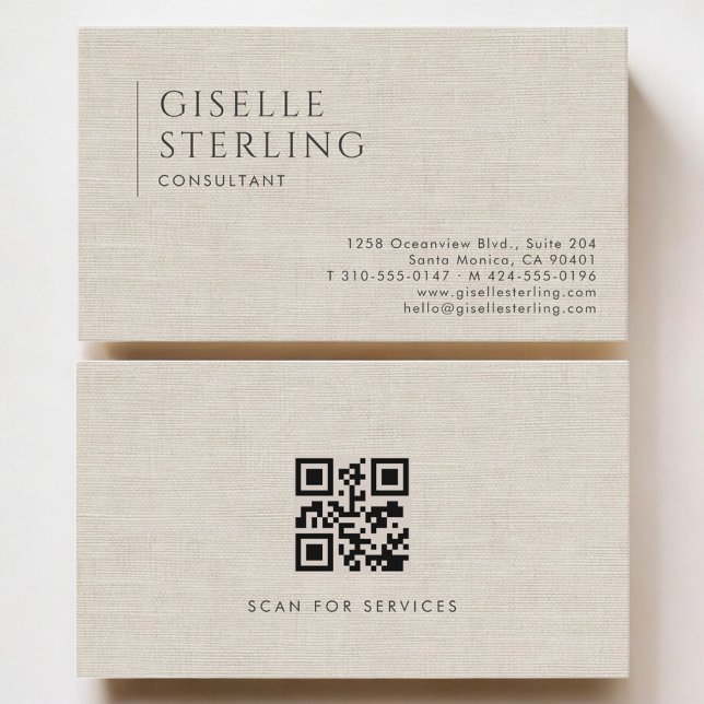 Consultant Luxury Neutral Linen QR Code Business Card (Creator Uploaded)