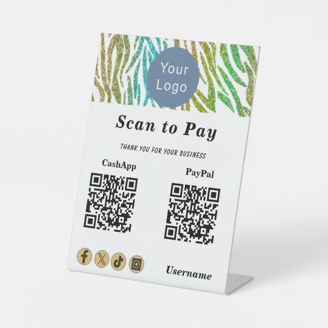 Contactless Scan to Pay, Gold Green Glitter Stripe Pedestal Sign (Front)