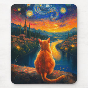 Contemplative Ginger Cat Starry Night Sky Art Mouse Pad