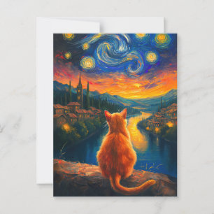 Contemplative Ginger Cat Starry Night Sky Art Postcard