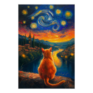 Contemplative Ginger Cat Starry Night Sky Art Poster
