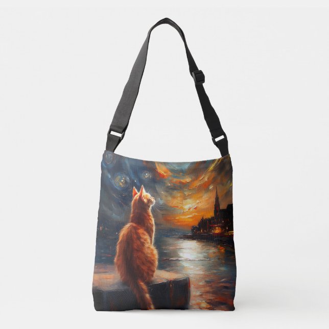 Contemplative Ginger Cat | Starry Night Sky Crossbody Bag (Front)