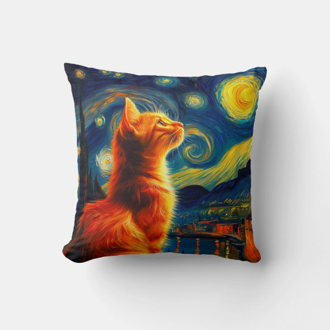 Contemplative Ginger Cat | Starry Night Sky Cushion (Front)