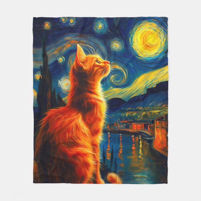 Contemplative Ginger Cat | Starry Night Sky Fleece Blanket (Front)
