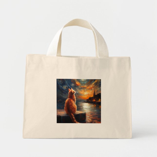 Contemplative Ginger Cat | Starry Night Sky Mini Tote Bag (Front)