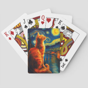 Contemplative Ginger Cat Starry Night Sky Playing Cards