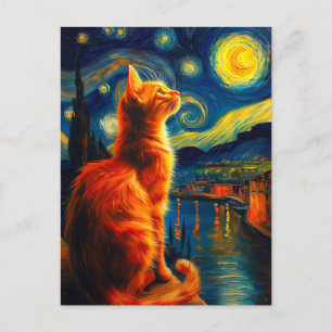 Contemplative Ginger Cat Starry Night Sky Postcard