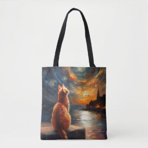 Contemplative Ginger Cat Starry Night Sky Tote Bag