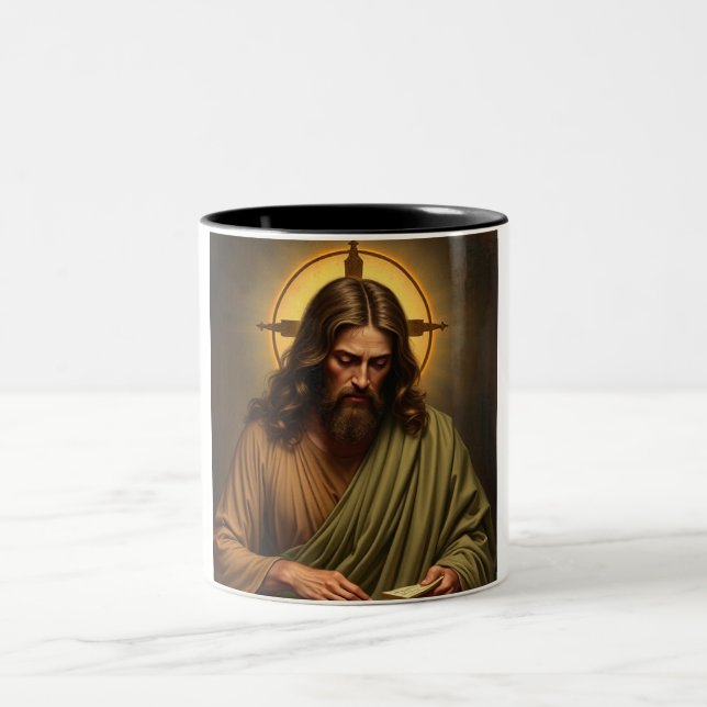 Contemplative Jesus with a Halo Two-Tone Coffee Mug (Center)