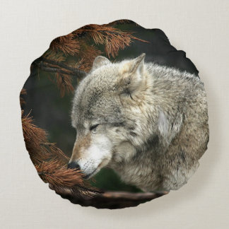 Contemplative timber wolf round cushion