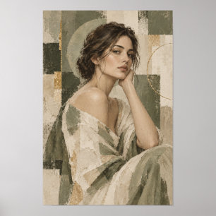 Contemplative Woman Portrait Neutral Abstract Wall Poster