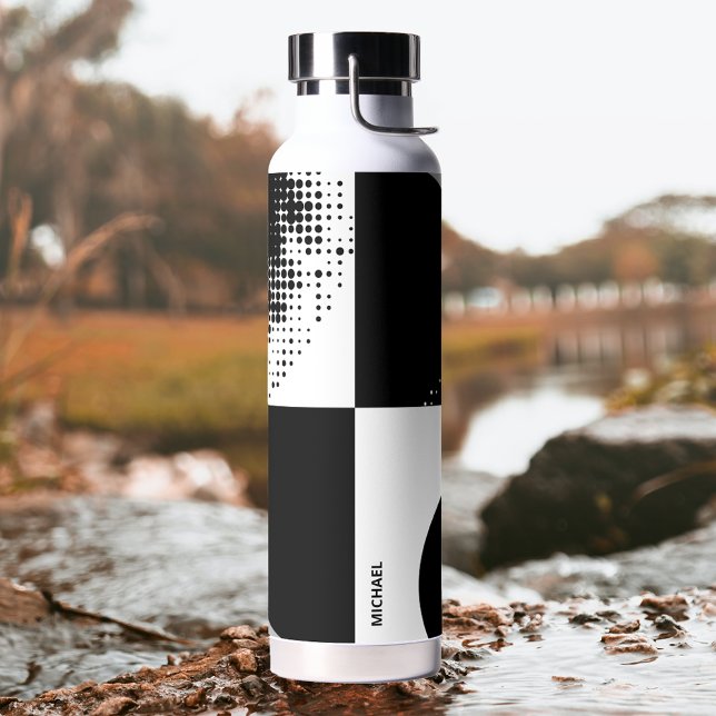 Contemporary Abstract Black and White Circles Water Bottle (Creator Uploaded)