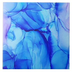 Contemporary Abstract Blue and Purple Ink Art Ceramic Tile