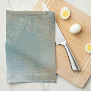 Contemporary Abstract Blue Gold Swirl Tea Towel