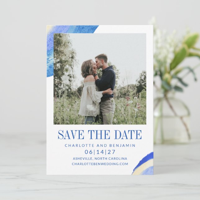 Contemporary Abstract Blue Paint Swirl Photo Save The Date (Standing Front)