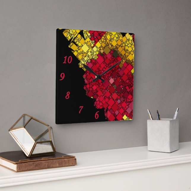 Contemporary Abstract Geometric Five Red Numbers Square Wall Clock (Office)