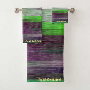 Contemporary abstract in green purple grey bath towel set