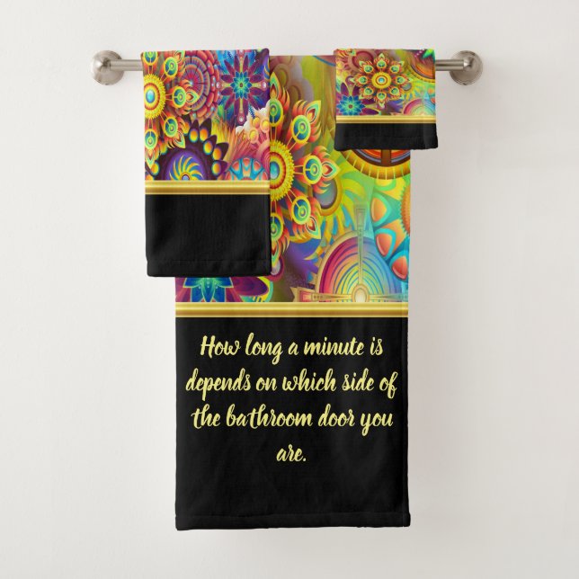 Contemporary abstract in multi colour gold foil ba bath towel set (Insitu)