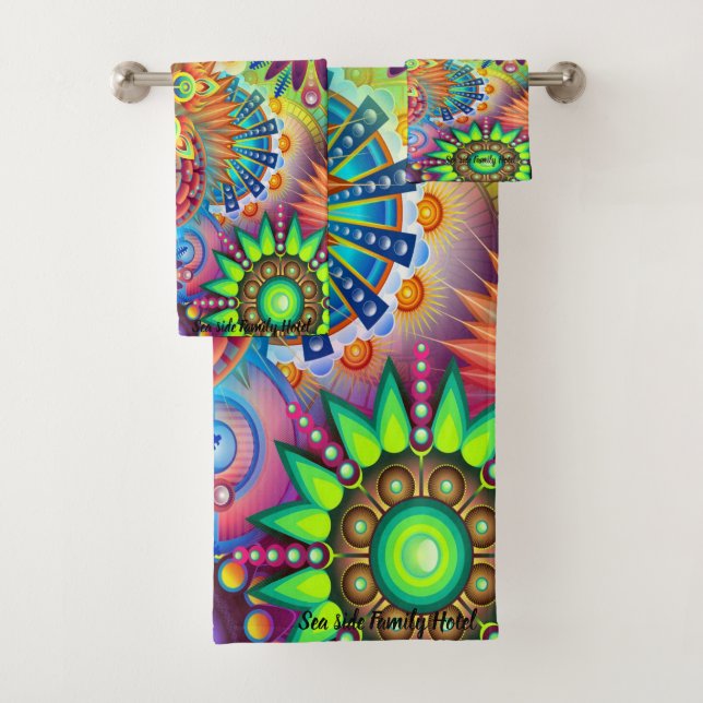 Contemporary abstract in multi colour monogram bath towel set (Insitu)