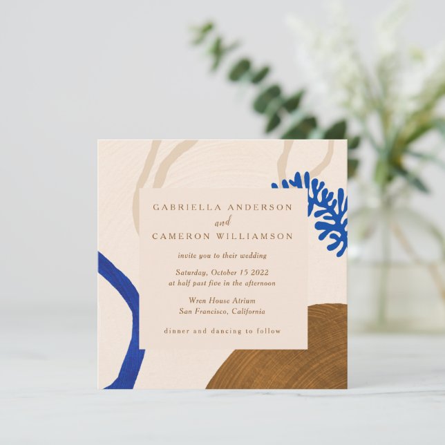 Contemporary Abstract Shapes Art Blue Tan Wedding Invitation (Standing Front)