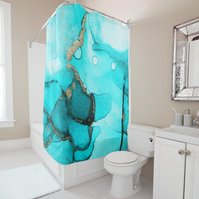 Contemporary Abstract Turquoise Gold Shower Curtain (In Situ)