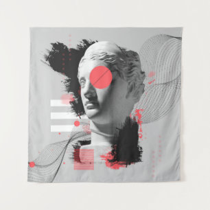 Contemporary art collage with antique statue head tapestry