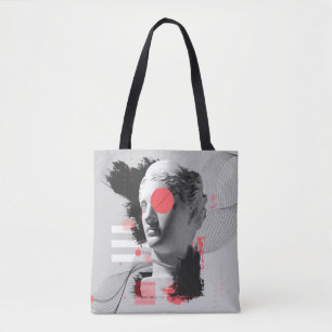 Contemporary art collage with antique statue head tote bag
